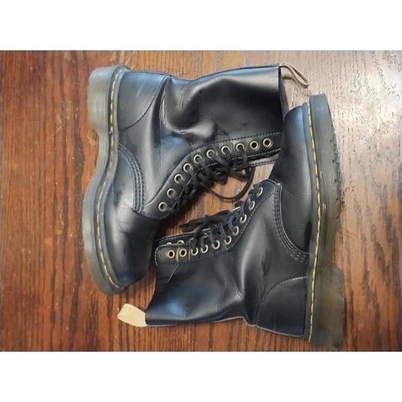 Dr. Martens Shoes - Dr. Martens Black Leather 8-Eye Combat Boots with Yellow Stitching